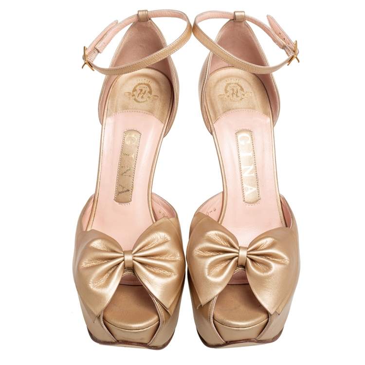 Pre Owned Gina Gold Leather Arabella Bow Platform Sandals Size 37