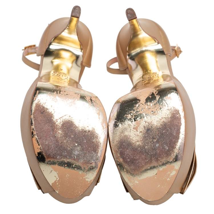 Pre Owned Gina Gold Leather Arabella Bow Platform Sandals Size 37