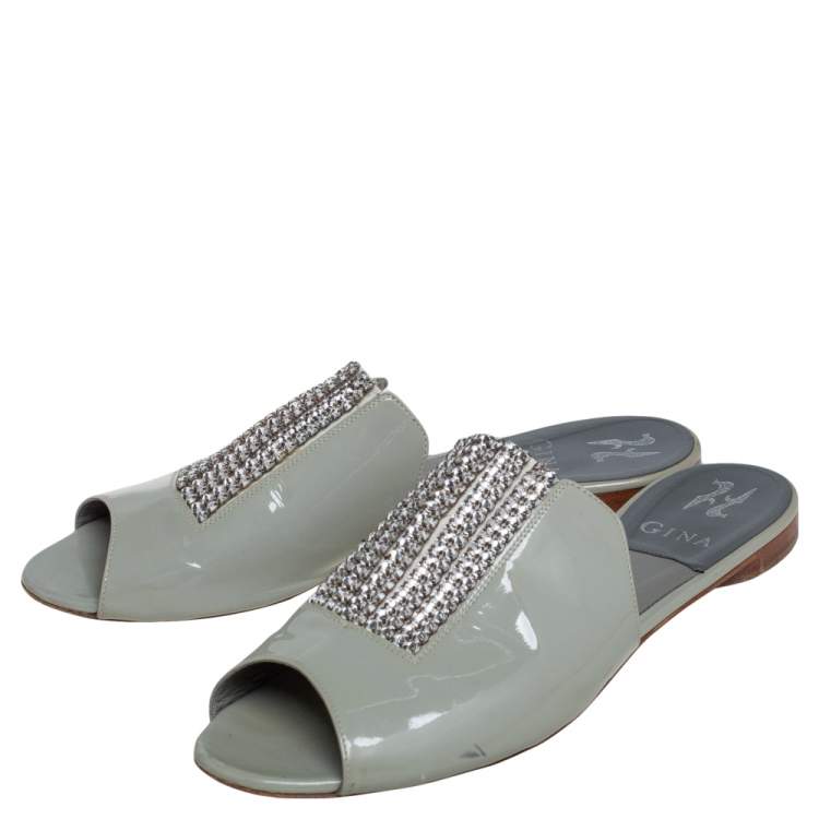 Pre Owned Gina Grey Patent Leather Crystal Embellished Slide Flats Size 40