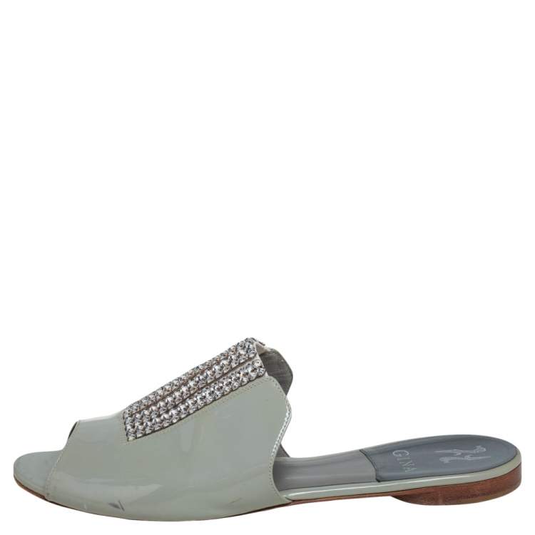 Pre Owned Gina Grey Patent Leather Crystal Embellished Slide Flats Size 40