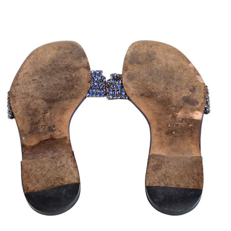 Pre Owned Gina Blue Leather Embellished Thong Flat Sandals Size 39.5