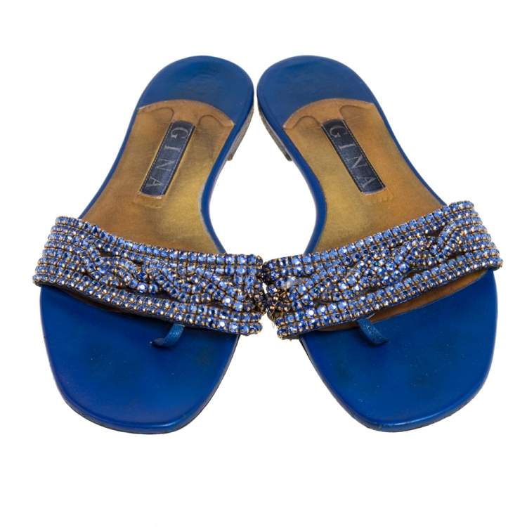 Pre Owned Gina Blue Leather Embellished Thong Flat Sandals Size 39.5