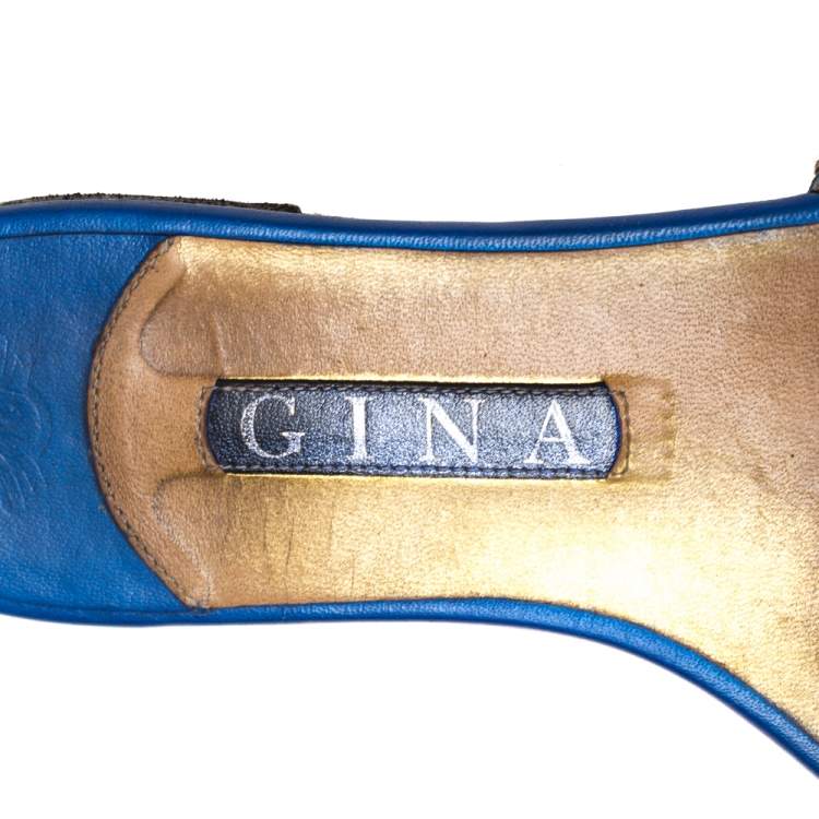 Pre Owned Gina Blue Leather Embellished Thong Flat Sandals Size 39.5