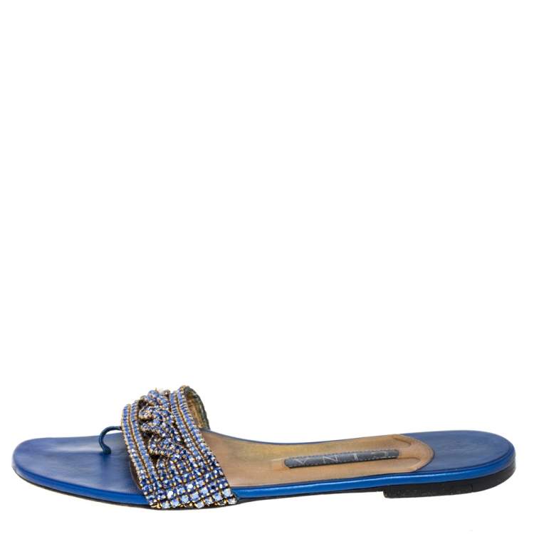 Pre Owned Gina Blue Leather Embellished Thong Flat Sandals Size 39.5