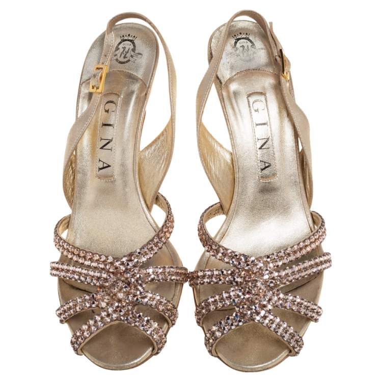 Pre Owned Gina Metallic Gold Leather Crystal Embellished Peep Toe Slingback Sandals Size 38.5