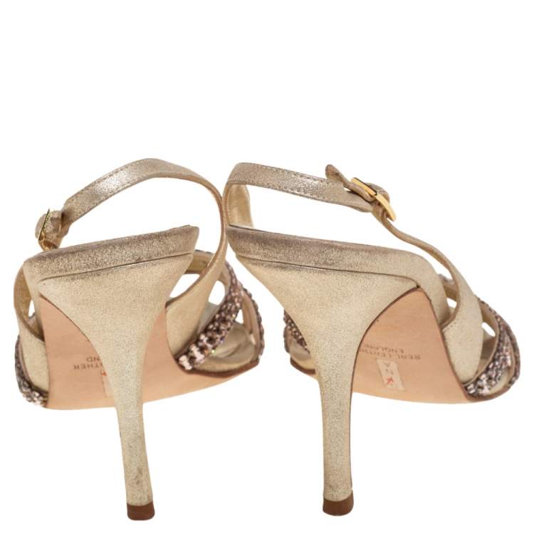 Pre Owned Gina Metallic Gold Leather Crystal Embellished Peep Toe Slingback Sandals Size 38.5