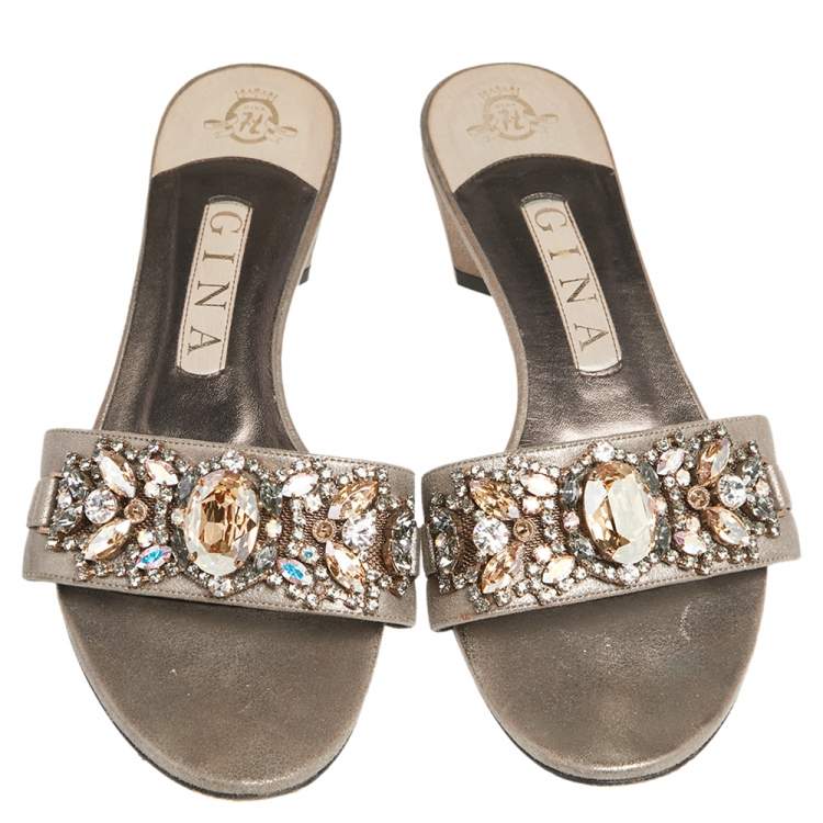Pre Owned Gina Metallic Grey Leather Embellished Slide Sandals Size 38