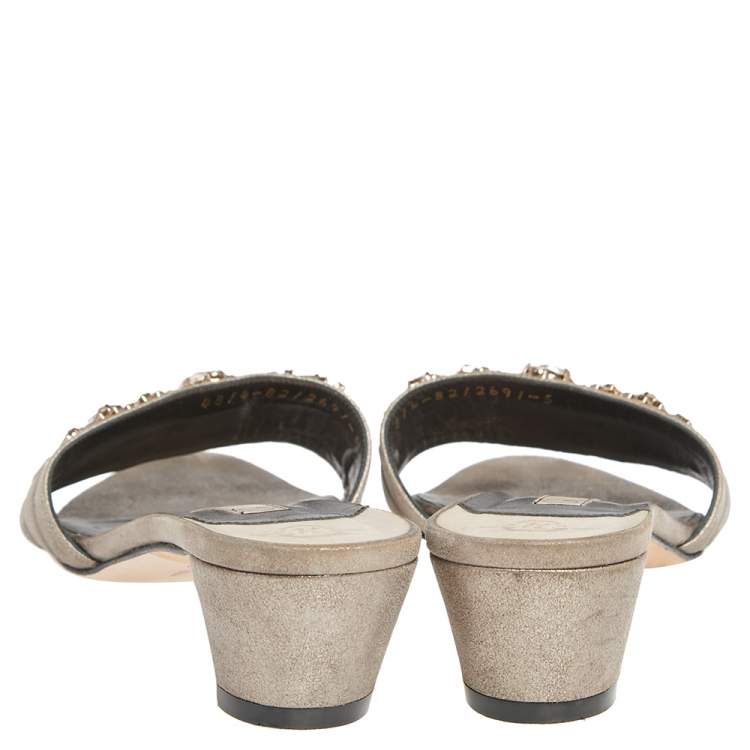 Pre Owned Gina Metallic Grey Leather Embellished Slide Sandals Size 38