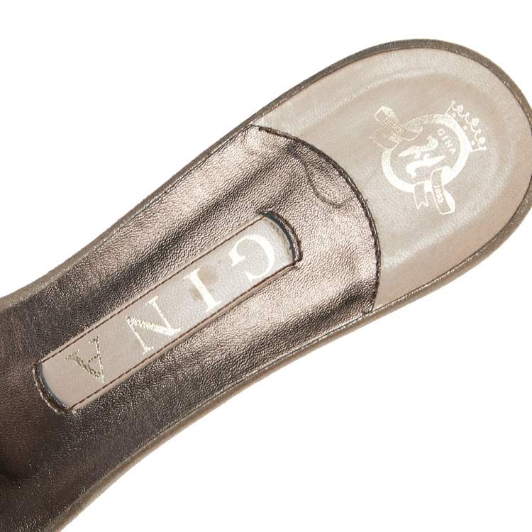 Pre Owned Gina Metallic Grey Leather Embellished Slide Sandals Size 38