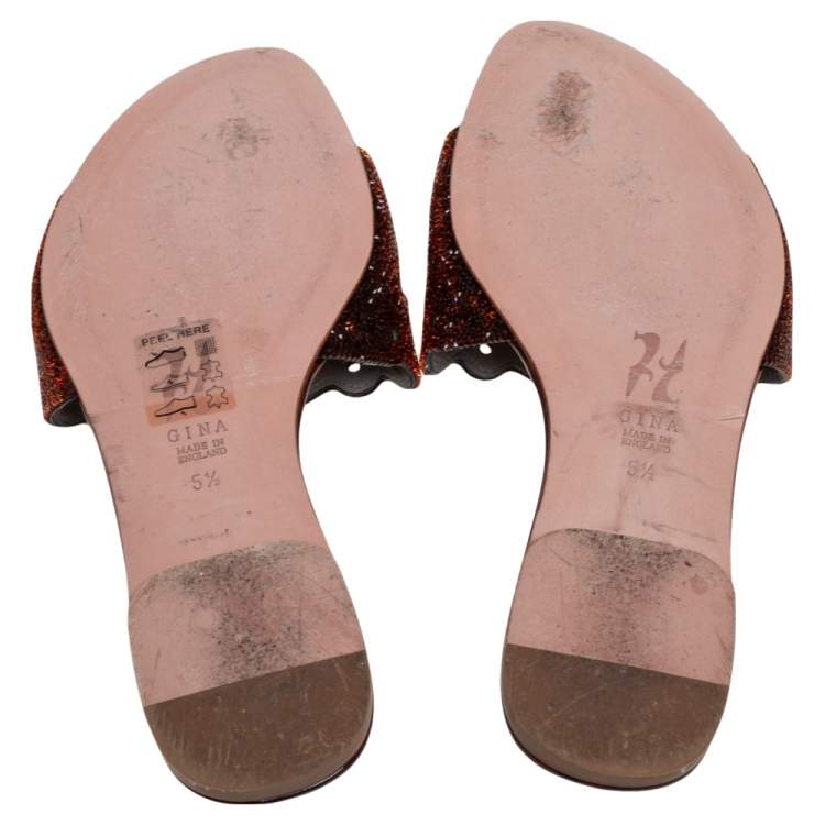 Pre Owned Gina Metallic Brown Patent Leather and Crystal Embellished Flat Slides Size 38.5