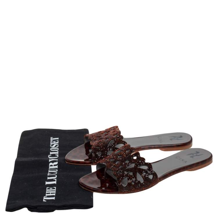 Pre Owned Gina Metallic Brown Patent Leather and Crystal Embellished Flat Slides Size 38.5