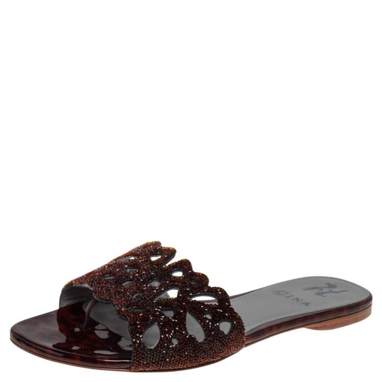 Gina Metallic Brown Patent Leather And Crystal Embellished Flat Slides Size 385 Gina The 