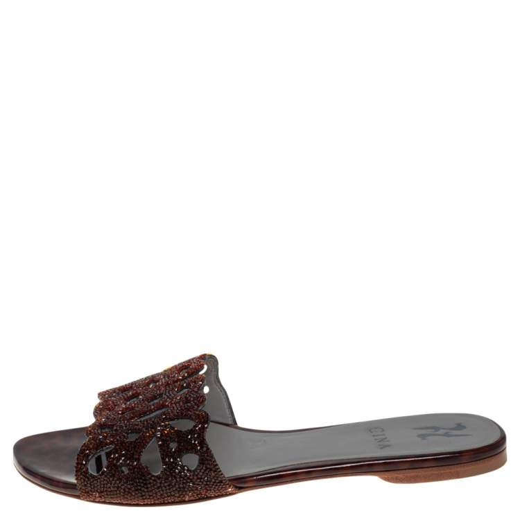 Pre Owned Gina Metallic Brown Patent Leather and Crystal Embellished Flat Slides Size 38.5