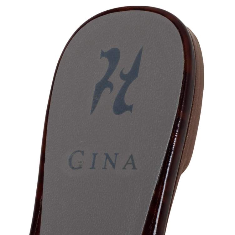 Pre Owned Gina Metallic Brown Patent Leather and Crystal Embellished Flat Slides Size 38.5