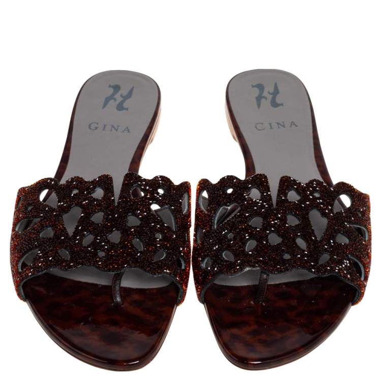 Pre Owned Gina Metallic Brown Patent Leather and Crystal Embellished Flat Slides Size 38.5