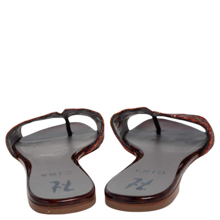 Pre Owned Gina Metallic Brown Patent Leather and Crystal Embellished Flat Slides Size 38.5
