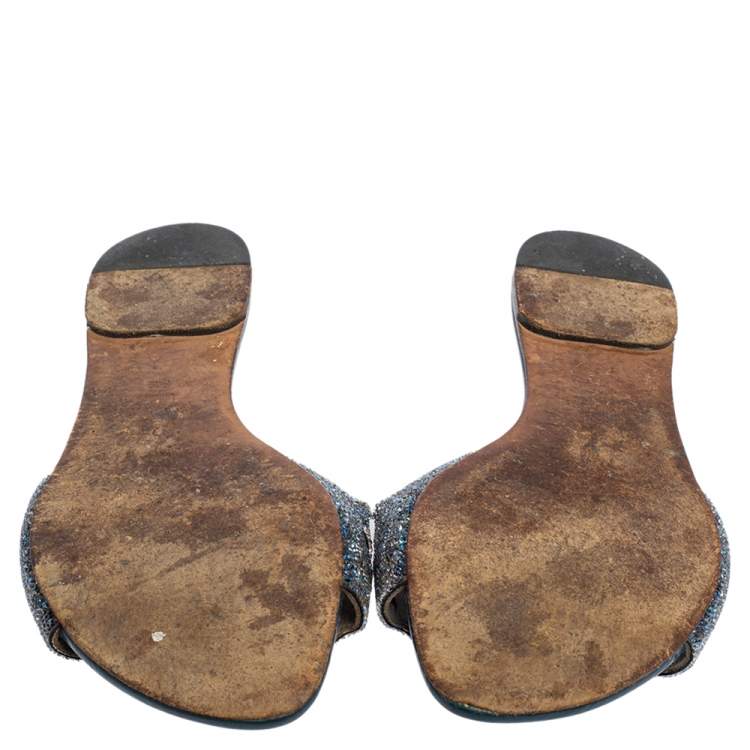 Pre Owned Gina Blue Leather Crystal Embellished Flat Slides Size 39.5