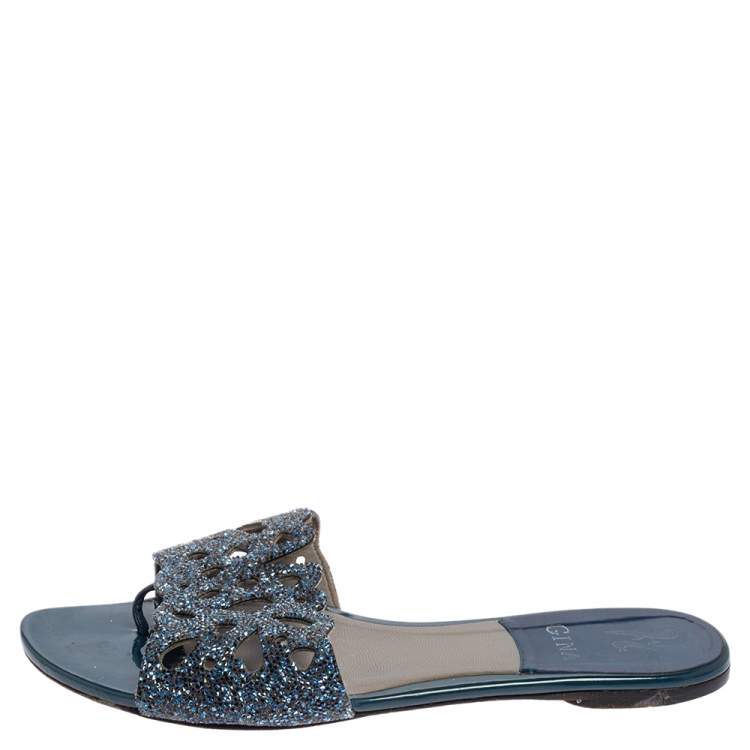 Pre Owned Gina Blue Leather Crystal Embellished Flat Slides Size 39.5