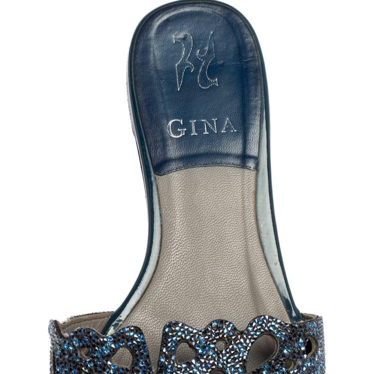 Pre Owned Gina Blue Leather Crystal Embellished Flat Slides Size 39.5
