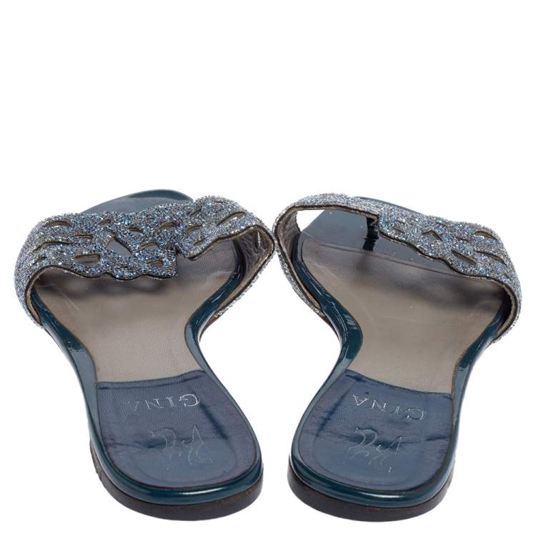 Pre Owned Gina Blue Leather Crystal Embellished Flat Slides Size 39.5