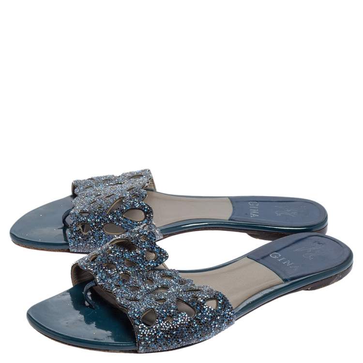 Pre Owned Gina Blue Leather Crystal Embellished Flat Slides Size 39.5