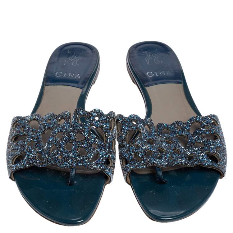 Pre Owned Gina Blue Leather Crystal Embellished Flat Slides Size 39.5