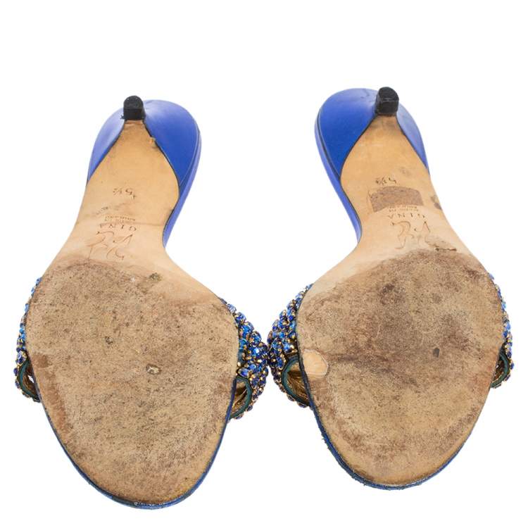 Pre Owned Gina Blue Leather Crystal Embellished Kitten Heel Slides Sandals Size 38.5