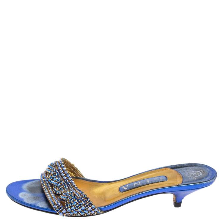 Pre Owned Gina Blue Leather Crystal Embellished Kitten Heel Slides Sandals Size 38.5