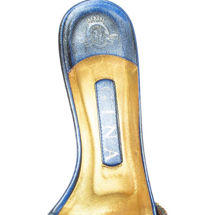 Pre Owned Gina Blue Leather Crystal Embellished Kitten Heel Slides Sandals Size 38.5