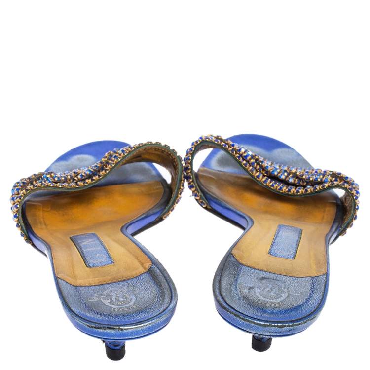 Pre Owned Gina Blue Leather Crystal Embellished Kitten Heel Slides Sandals Size 38.5