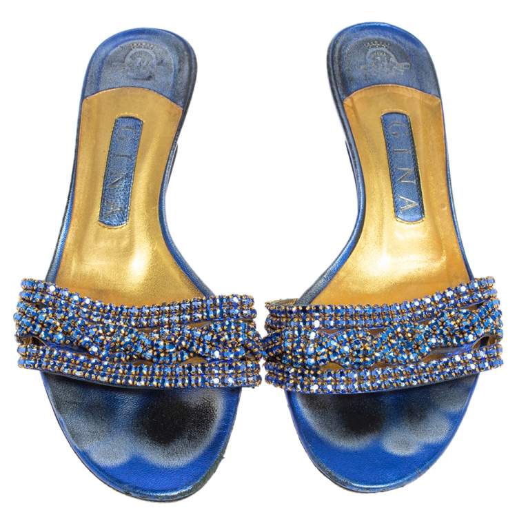 Pre Owned Gina Blue Leather Crystal Embellished Kitten Heel Slides Sandals Size 38.5