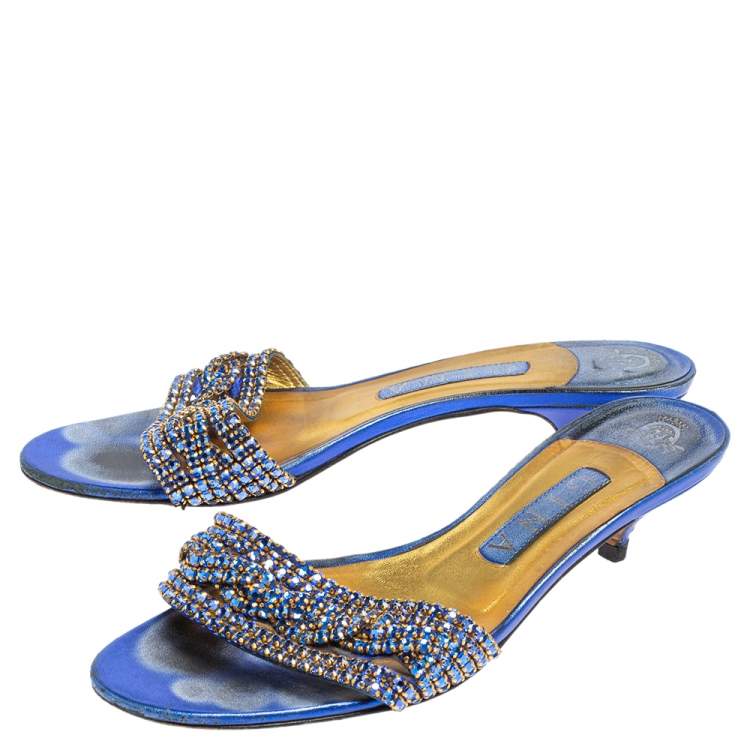 Pre Owned Gina Blue Leather Crystal Embellished Kitten Heel Slides Sandals Size 38.5