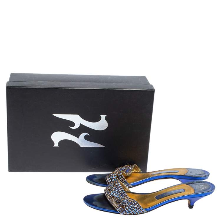 Pre Owned Gina Blue Leather Crystal Embellished Kitten Heel Slides Sandals Size 38.5