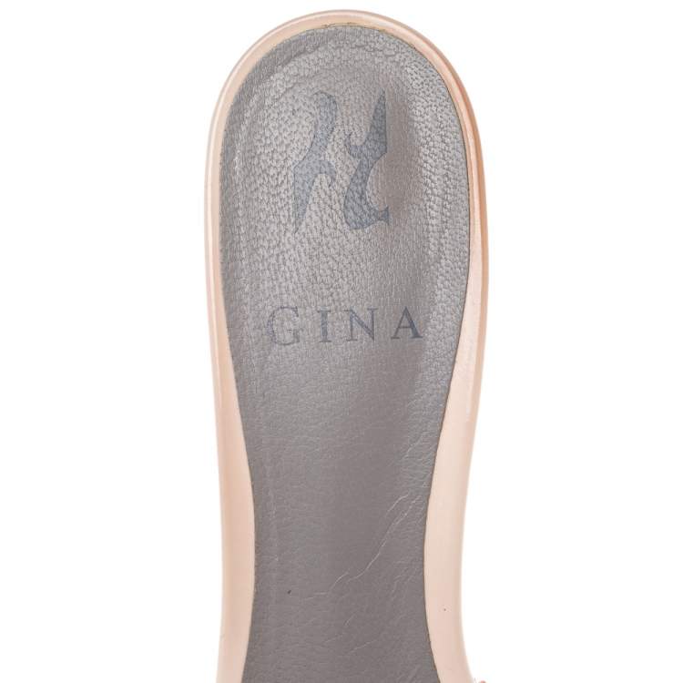 Pre Owned Gina Pink Laser Cut Leather Crystal Embellished Block Heel Slide Sandals Size 38