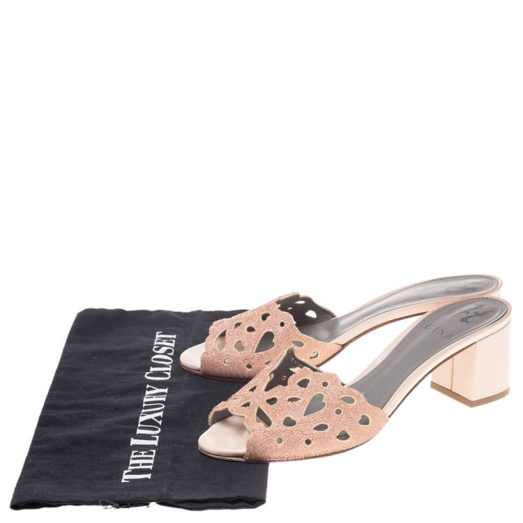 Pre Owned Gina Pink Laser Cut Leather Crystal Embellished Block Heel Slide Sandals Size 38