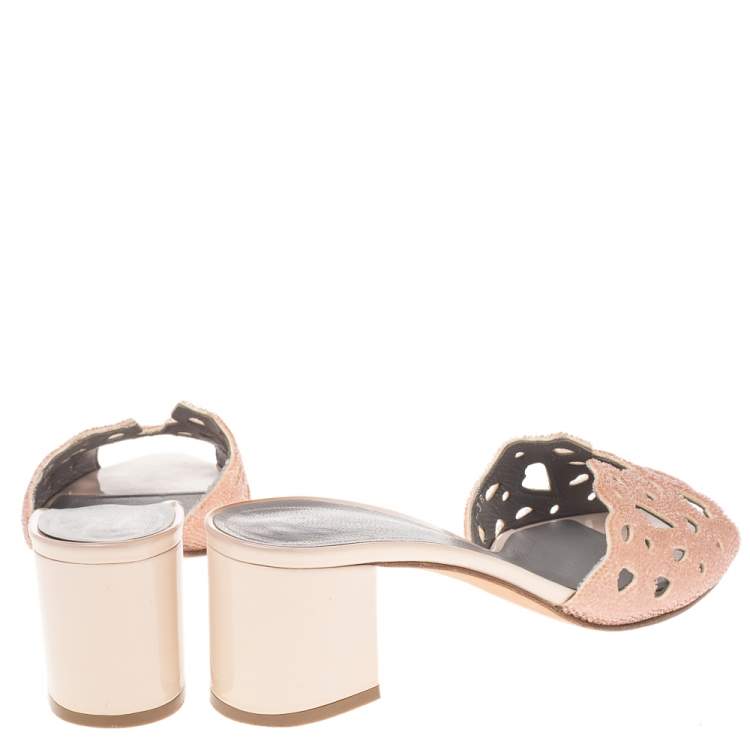 Pre Owned Gina Pink Laser Cut Leather Crystal Embellished Block Heel Slide Sandals Size 38