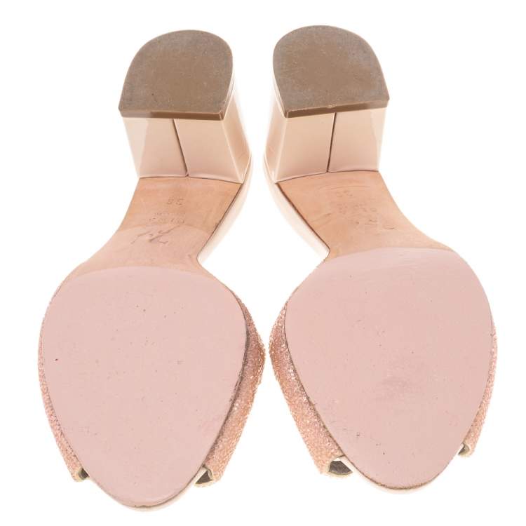 Pre Owned Gina Pink Laser Cut Leather Crystal Embellished Block Heel Slide Sandals Size 38