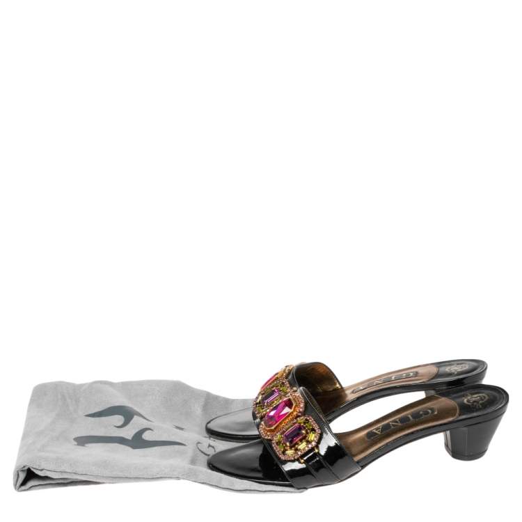 Pre Owned Gina Black Patent Leather Crystal Embellished Slides Sandals Size 38