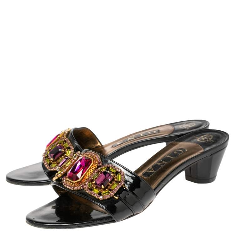 Pre Owned Gina Black Patent Leather Crystal Embellished Slides Sandals Size 38