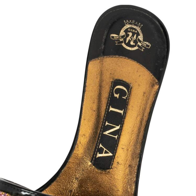 Pre Owned Gina Black Patent Leather Crystal Embellished Slides Sandals Size 38