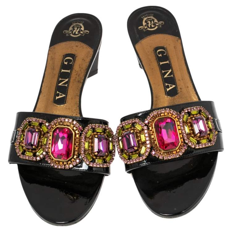 Pre Owned Gina Black Patent Leather Crystal Embellished Slides Sandals Size 38