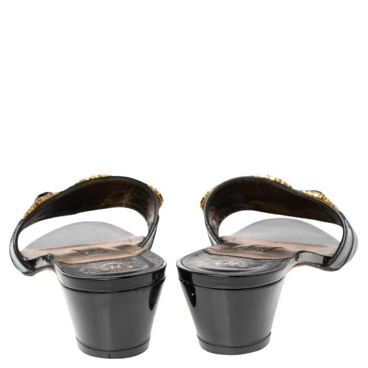 Pre Owned Gina Black Patent Leather Crystal Embellished Slides Sandals Size 38