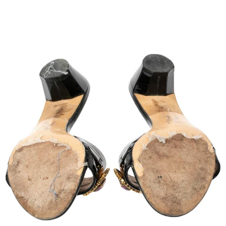 Pre Owned Gina Black Patent Leather Crystal Embellished Slides Sandals Size 38