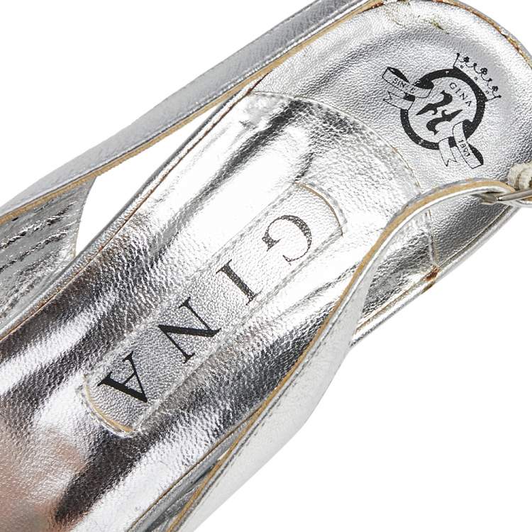 Pre Owned Gina Metallic Silver Leather Slingback Sandals Size 40.5
