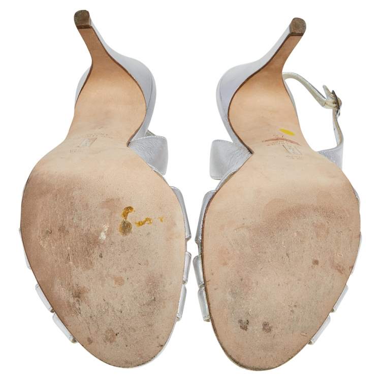 Pre Owned Gina Metallic Silver Leather Slingback Sandals Size 40.5