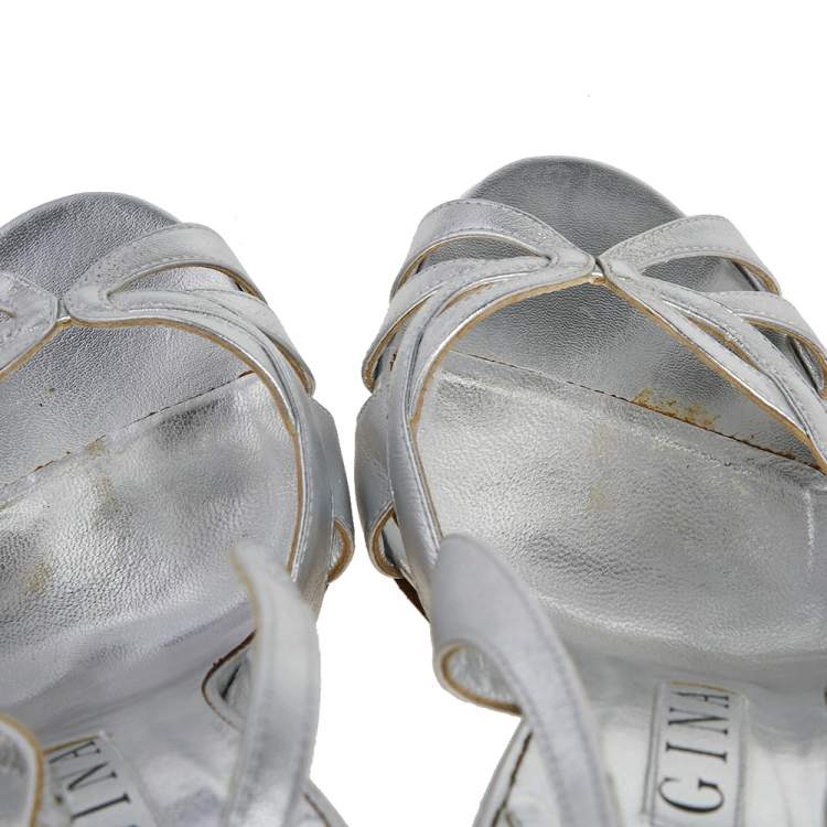 Pre Owned Gina Metallic Silver Leather Slingback Sandals Size 40.5