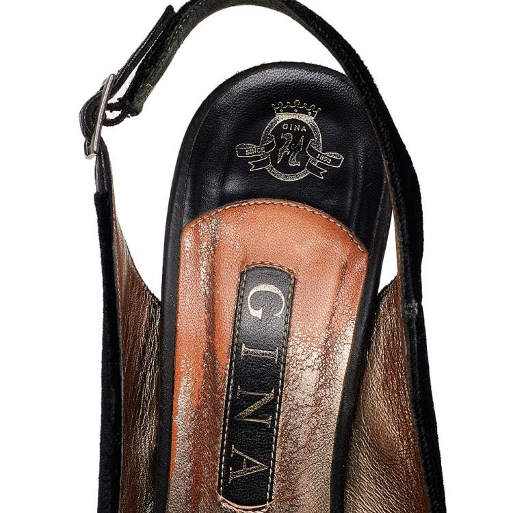 Pre Owned Gina Black Velvet Crystal Embellished Peep Toe Platform Slingback Sandals Size 39