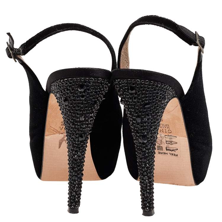 Pre Owned Gina Black Velvet Crystal Embellished Peep Toe Platform Slingback Sandals Size 39