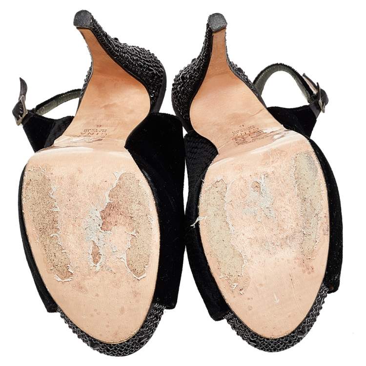 Pre Owned Gina Black Velvet Crystal Embellished Peep Toe Platform Slingback Sandals Size 39