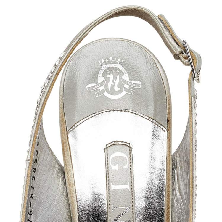 Pre Owned Gina Silver Crystal Embellished Satin Platform Peep Toe Slingback Sandals Size 39